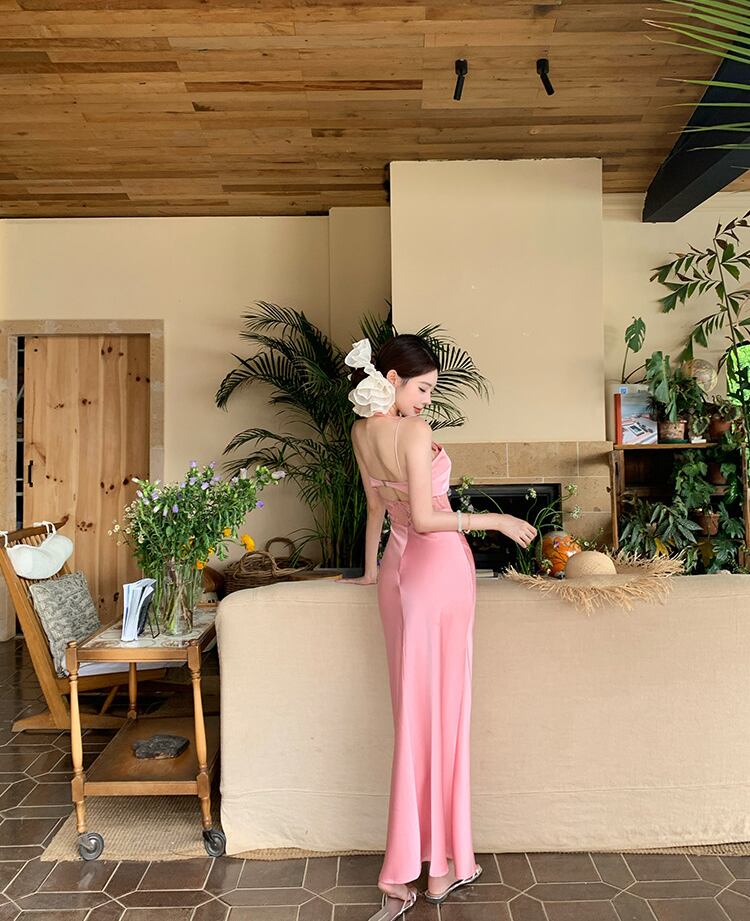 【dress】レースドッキングロングホルターネックワンピース Q7581