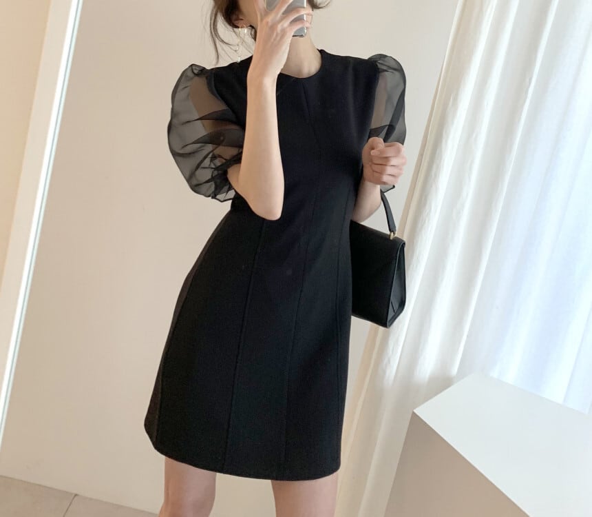 【dress】チュールスリーブ切り替えワンピース　M23986