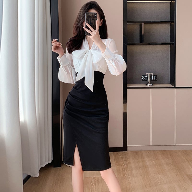 【dress】長袖偽二つ切り替えリボンワンピース G17925