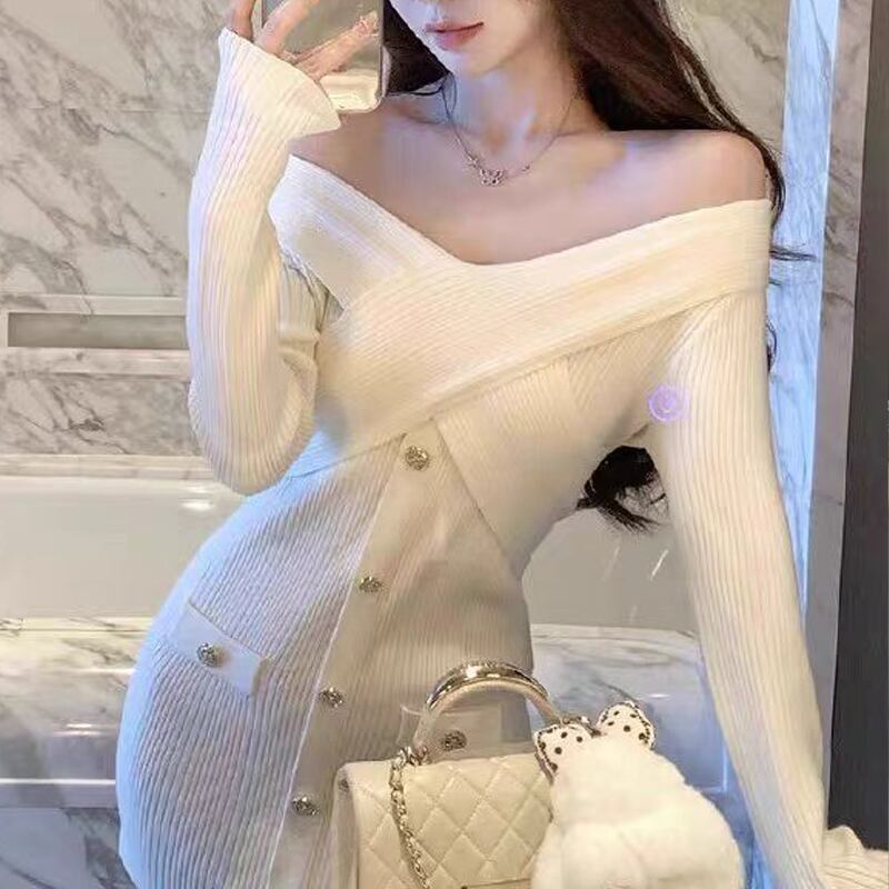 【dress】オフショルダーニットワンピース Q7594