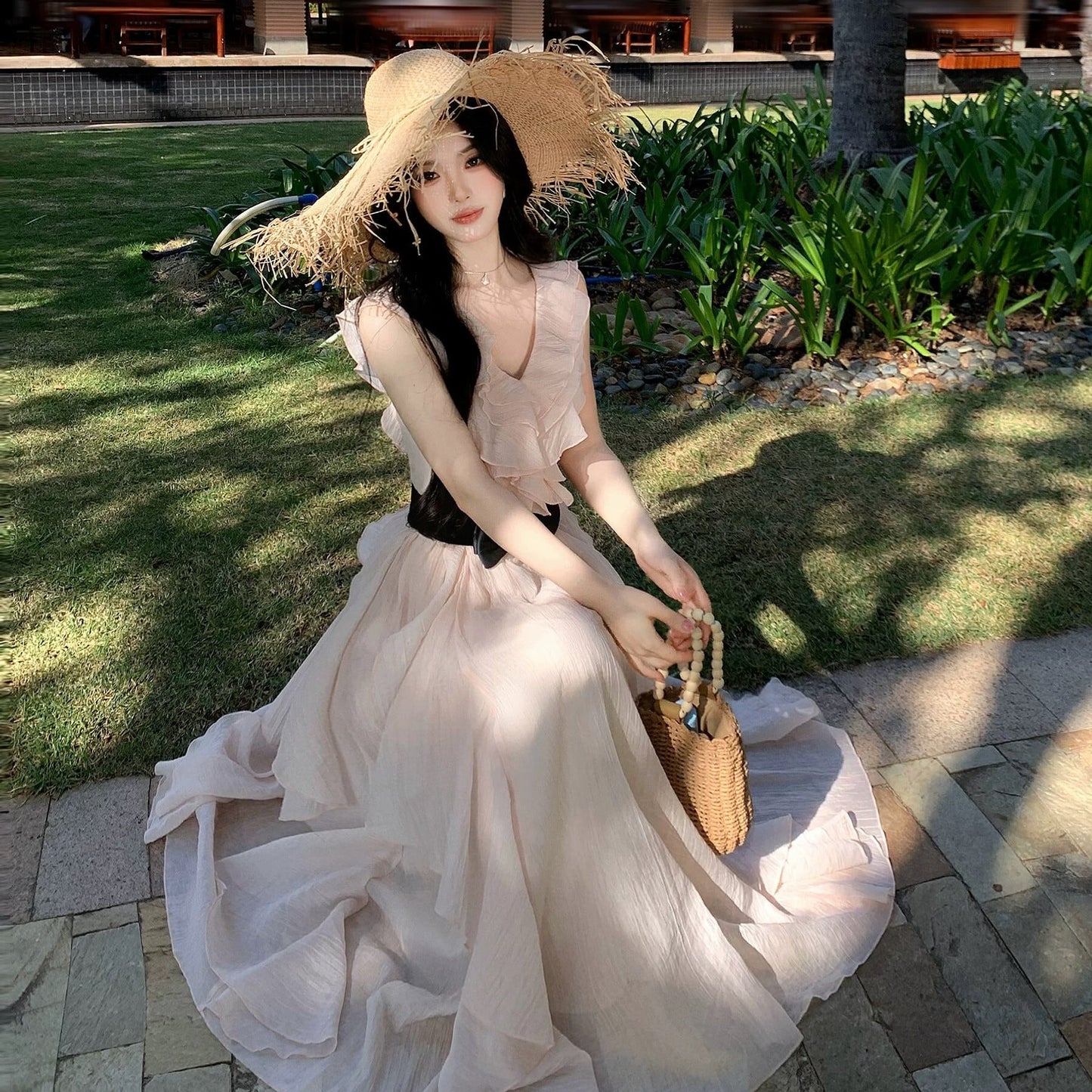 【dress】フリルリボンロングワンピース　N3537