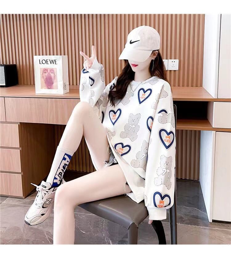 【tops】おすすめ3色裏起毛ラウンドネック長袖秋冬新作動物柄ハート柄配色厚手着回しパーカーF1333