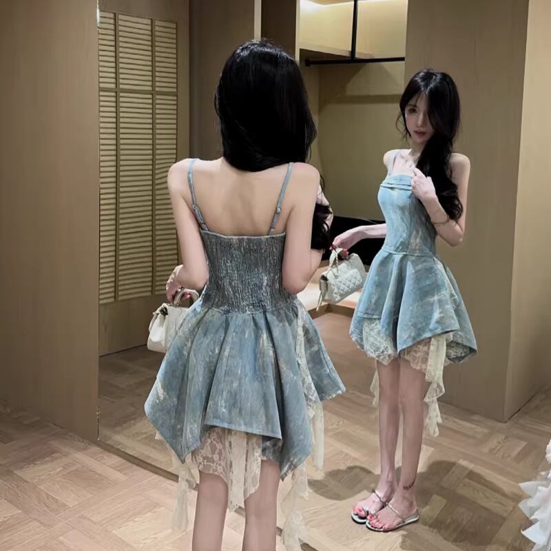 【dress】レースドッキングデニムキャミワンピース Q8340