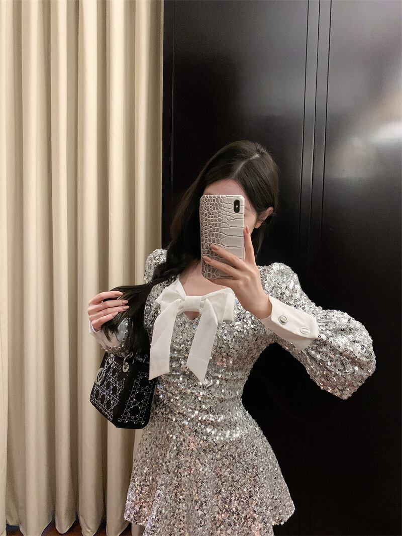 【dress】スパンコールリボン付きワンピース　M28003