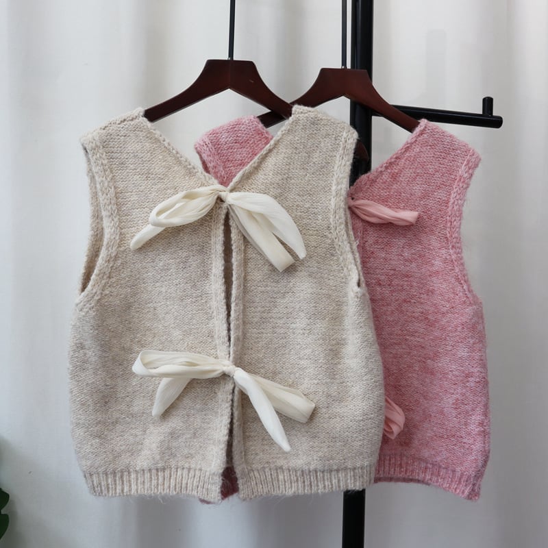 【tops】リボン付きニットベスト　M26163