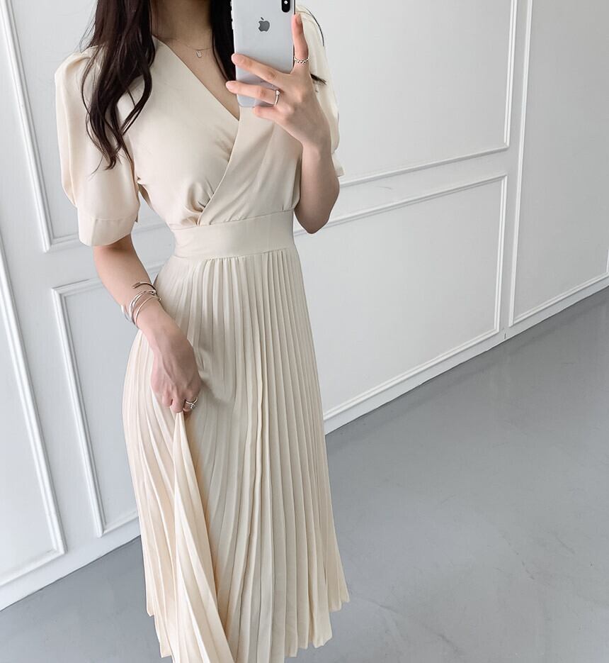 【dress】韓国風気質満点エレガントフェミニンVネックデザインハイウエストワンピースF0039