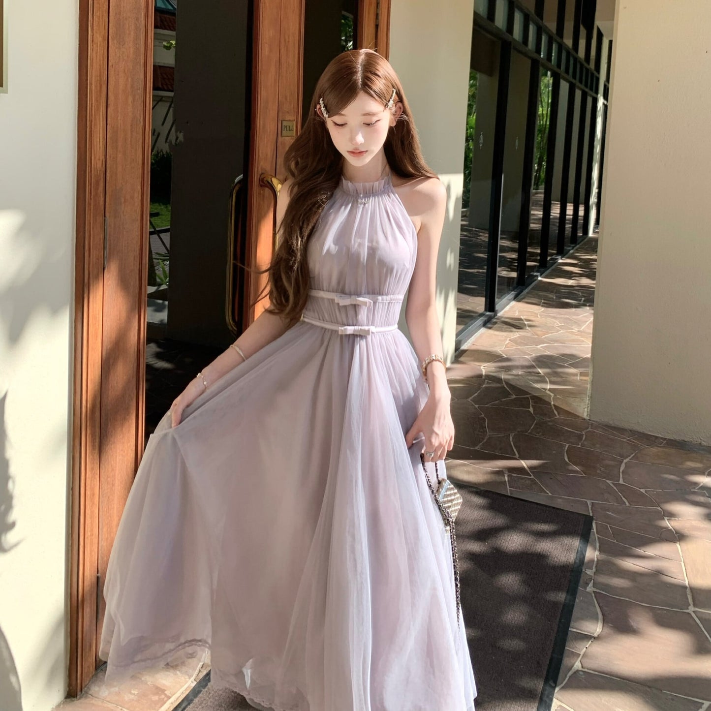 【dress】バックリボンチュールロングワンピース　N3217