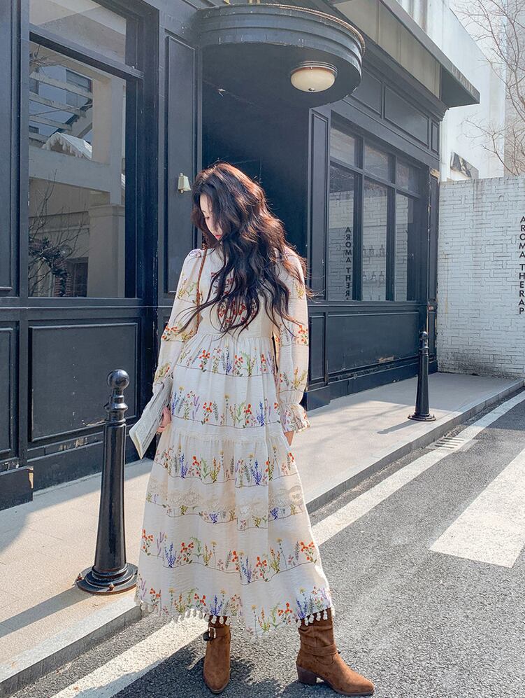 【dress】フリンジ付き花柄ロングワンピース Q8225