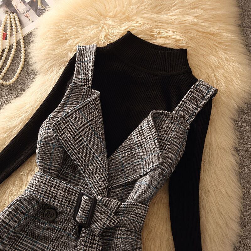 【set】ニットセーター×チェック柄キャミワンピースセット　N2257