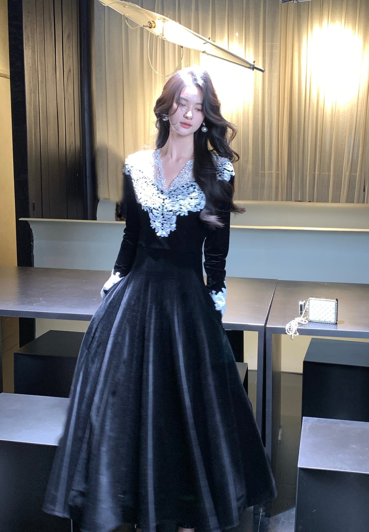【dress】レーストリミングベロアワンピース　N3476