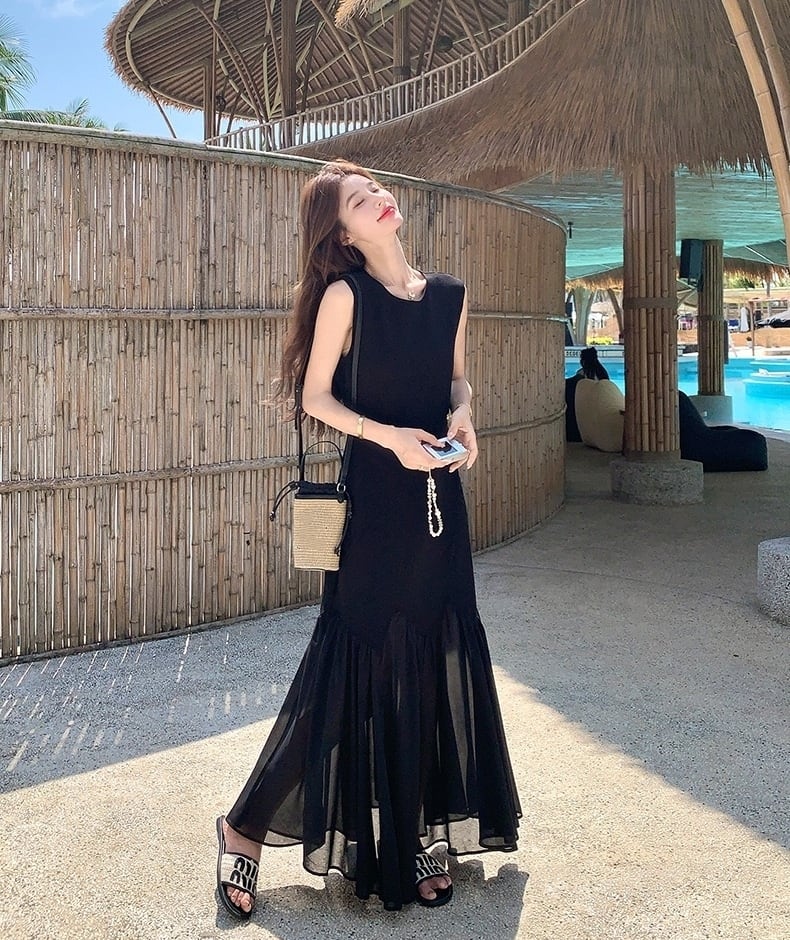 【dress】チュールドッキングロングワンピース　K0554