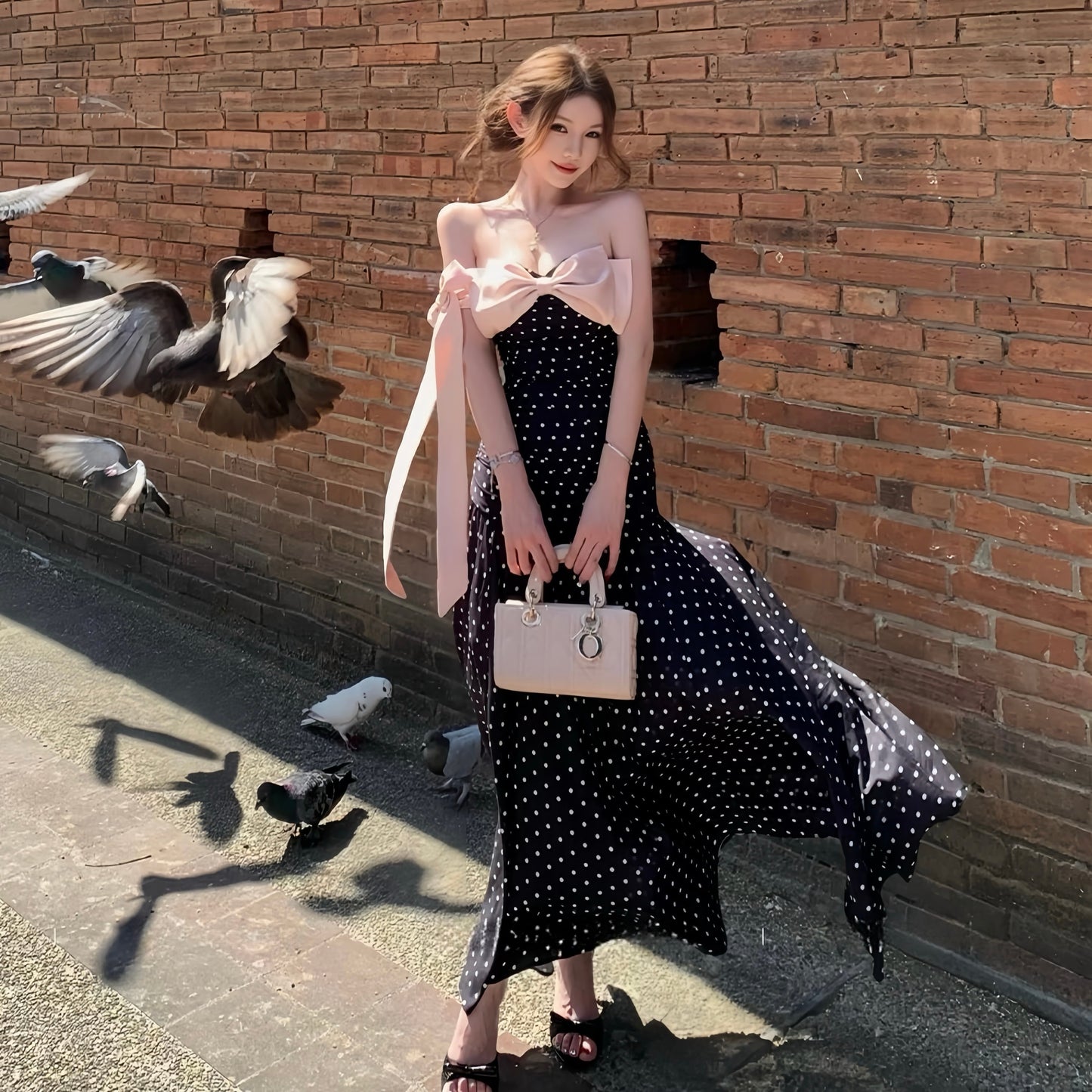 【dress】ドット柄リボン付きロングワンピース Q8374