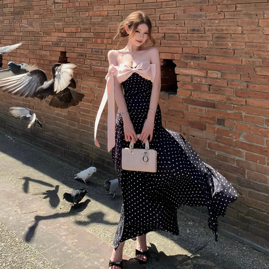 【dress】ドット柄リボン付きロングワンピース Q8374