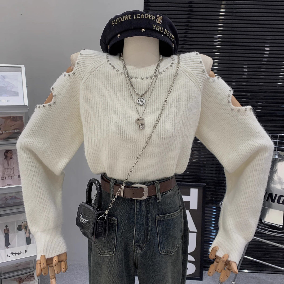 【tops】オフショルダーニットセーター　M19112