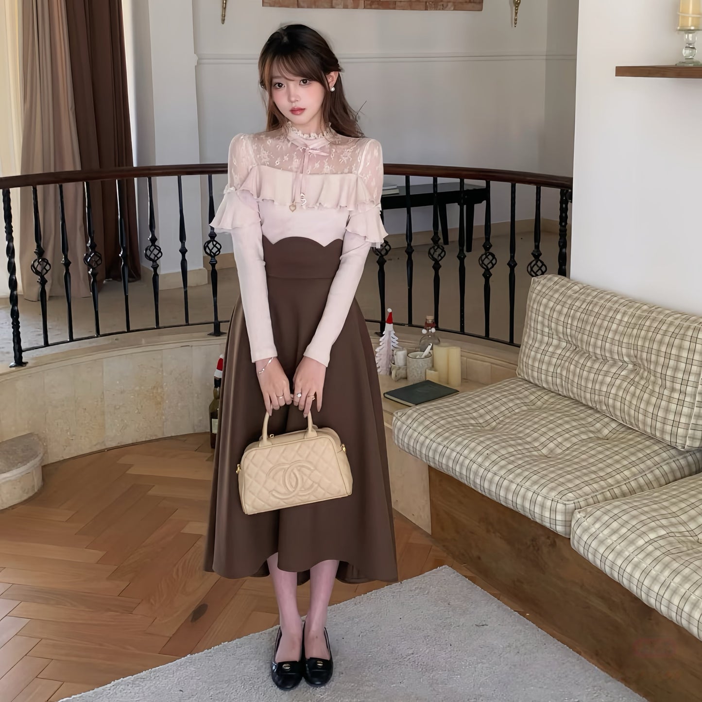 【set】レースフリルニットトップス×ロングスカートセット N3477