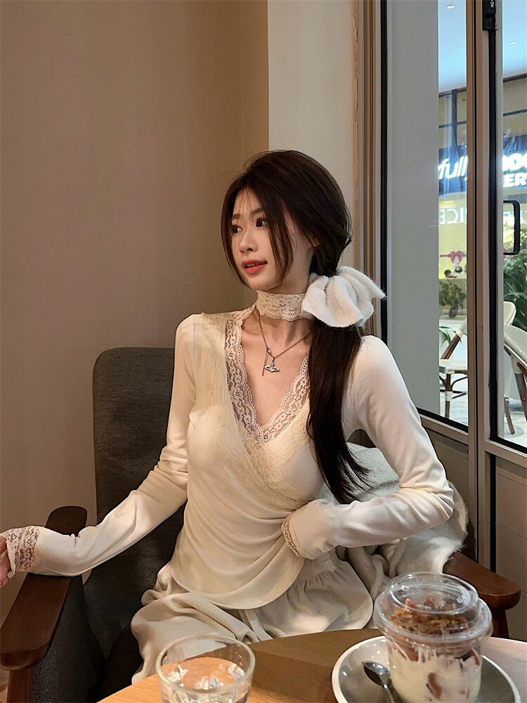 【tops】レース切り替え長袖シャツ　M28348
