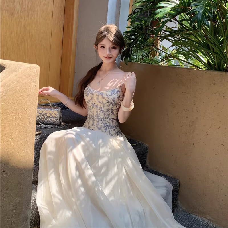 【dress】チュールドッキング花柄キャミワンピース Q8398