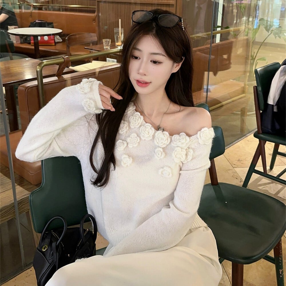 【tops】フラワーモチーフニットセーター　M26116