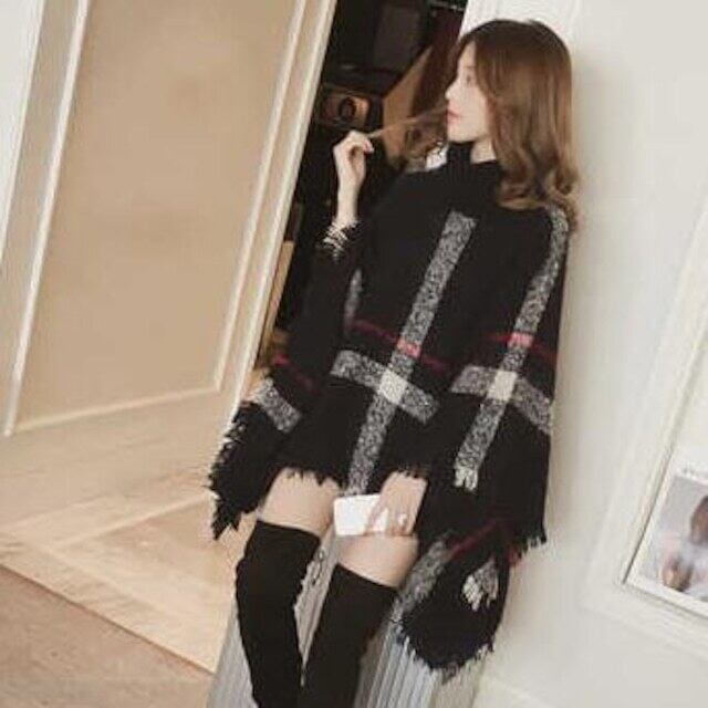 【tops】2色ハイネックドルマンスリーブおしゃれチェック柄着回しニットF3833