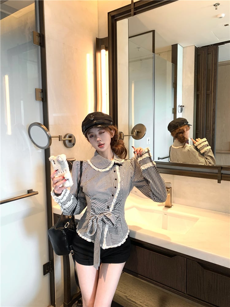 【tops】裹起毛チェック柄シャツトップス　M28587