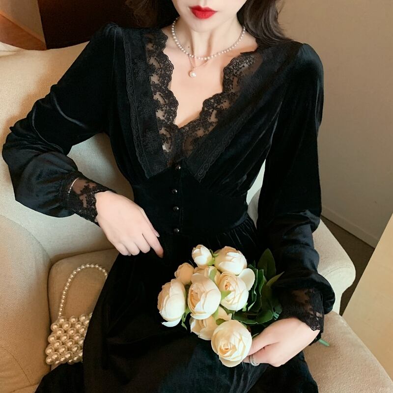 【dress】上品な質感エレガント気質満点オシャレレース切り替え着痩せワンピース G3140