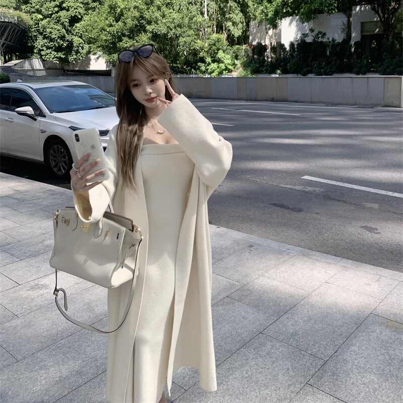 【set】ロング丈カーディガン×ベアトップワンピースセット　N2799