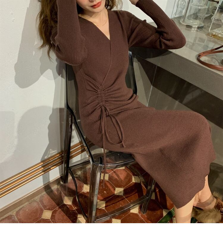 【dress】好感度UP!気質満点デザインフランス風シンプルVネックニットワンピース G2822