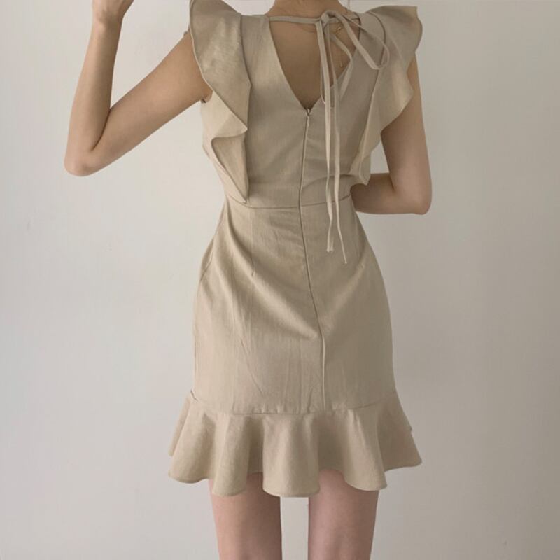 【dress】韓国風好感度UP!気質満点レトロフリル着痩せマーメイドワンピース G0127