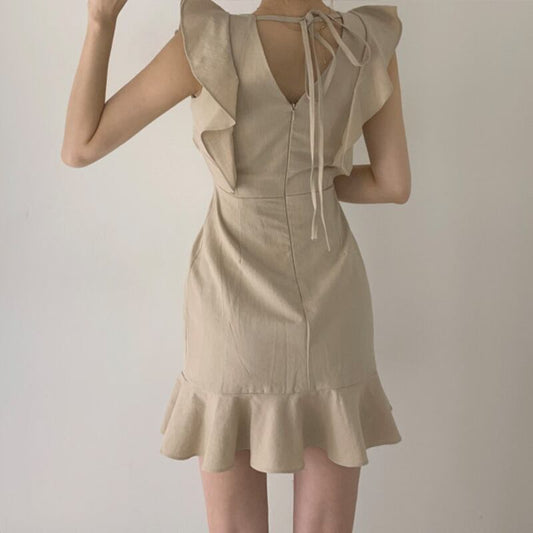 【dress】韓国風好感度UP!気質満点レトロフリル着痩せマーメイドワンピース G0127