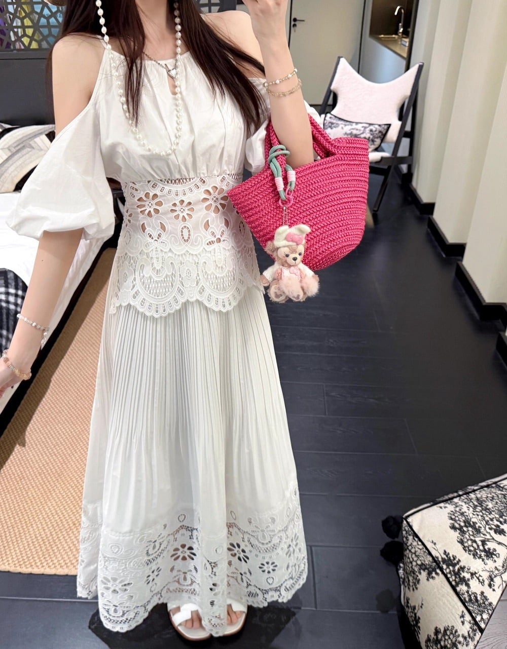 【set】カットワークレースオフショルトップス×プリーツスカートセット     N3109