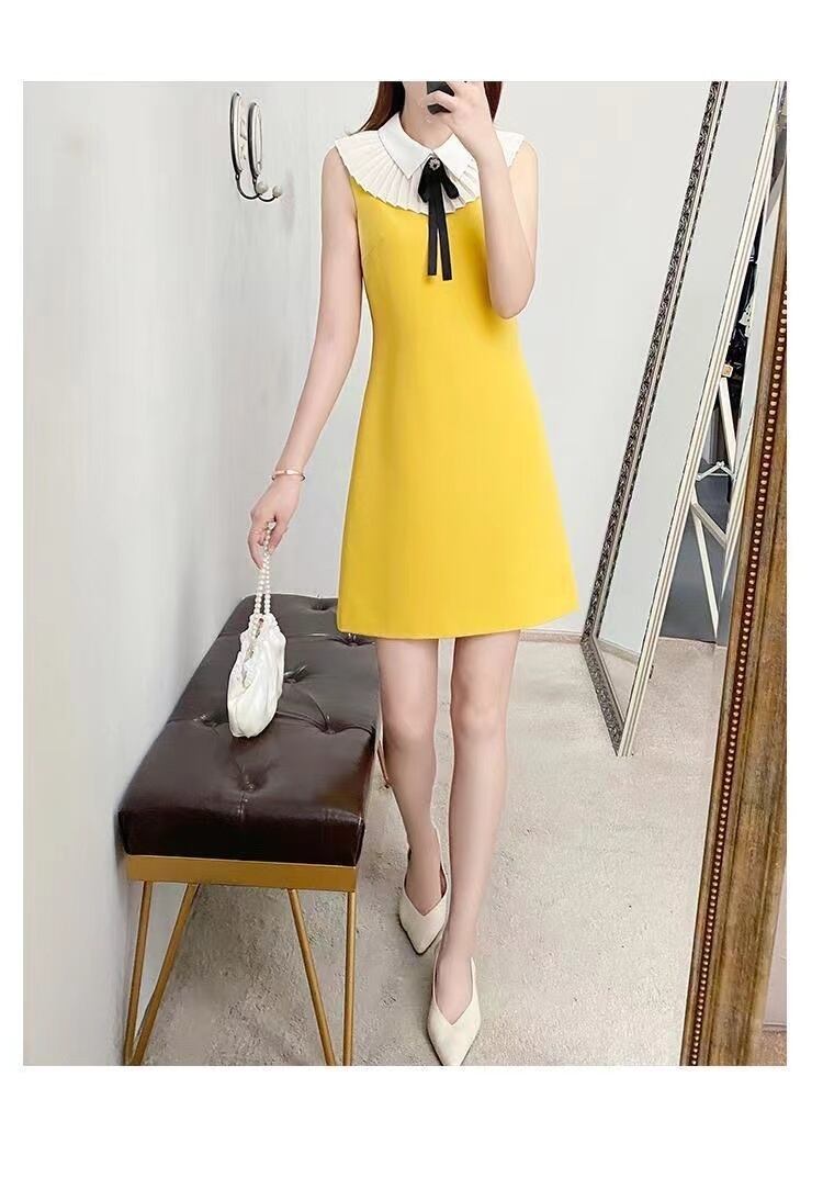【dress】大人可愛い韓国風INS風POLOネックノースリーブ配色蝶々結びOL通勤タイトンワンピースF2425