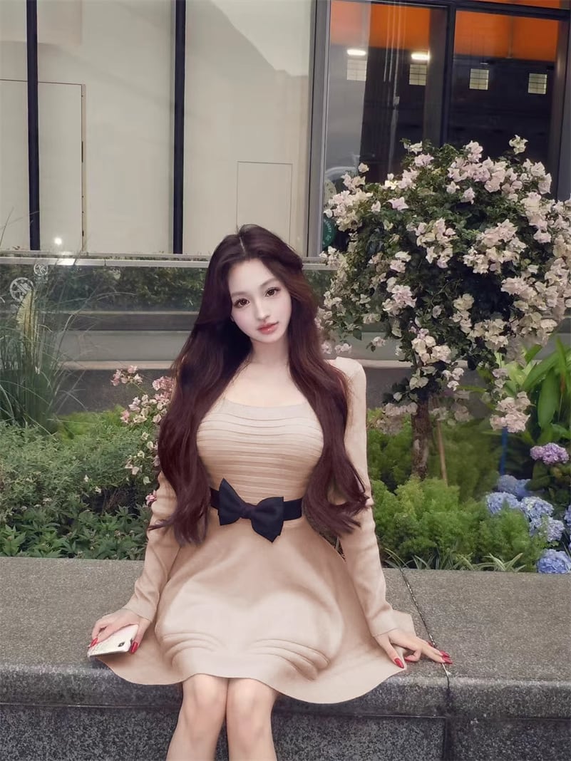 【dress】リボンベルト付きニットワンピース Q7343