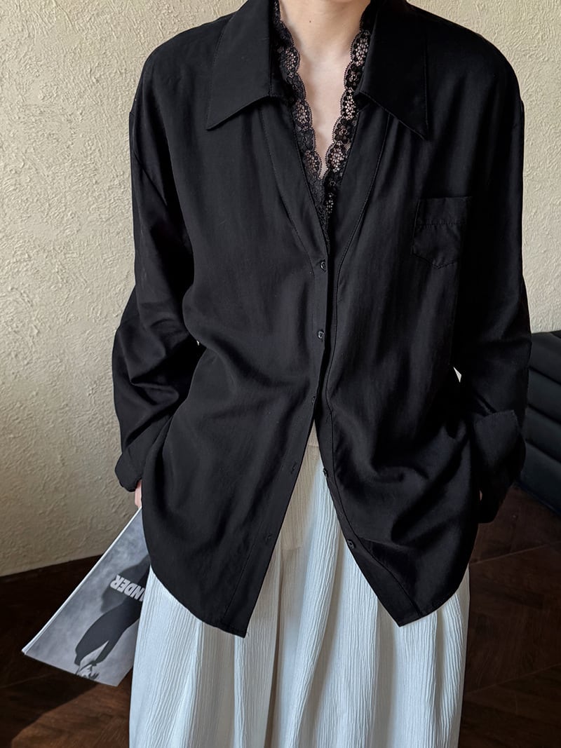 【tops】レース切り替えシャツブラウス　M29946