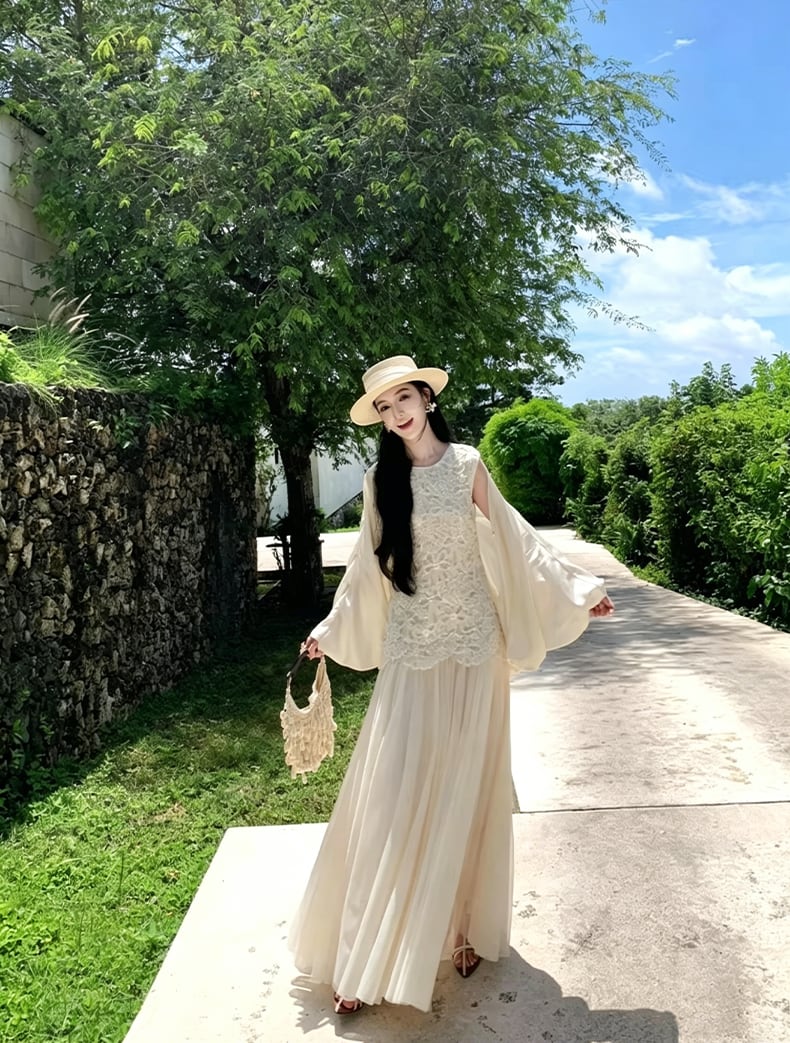【dress】ノースリーブレースドッキングロングワンピース Q8466