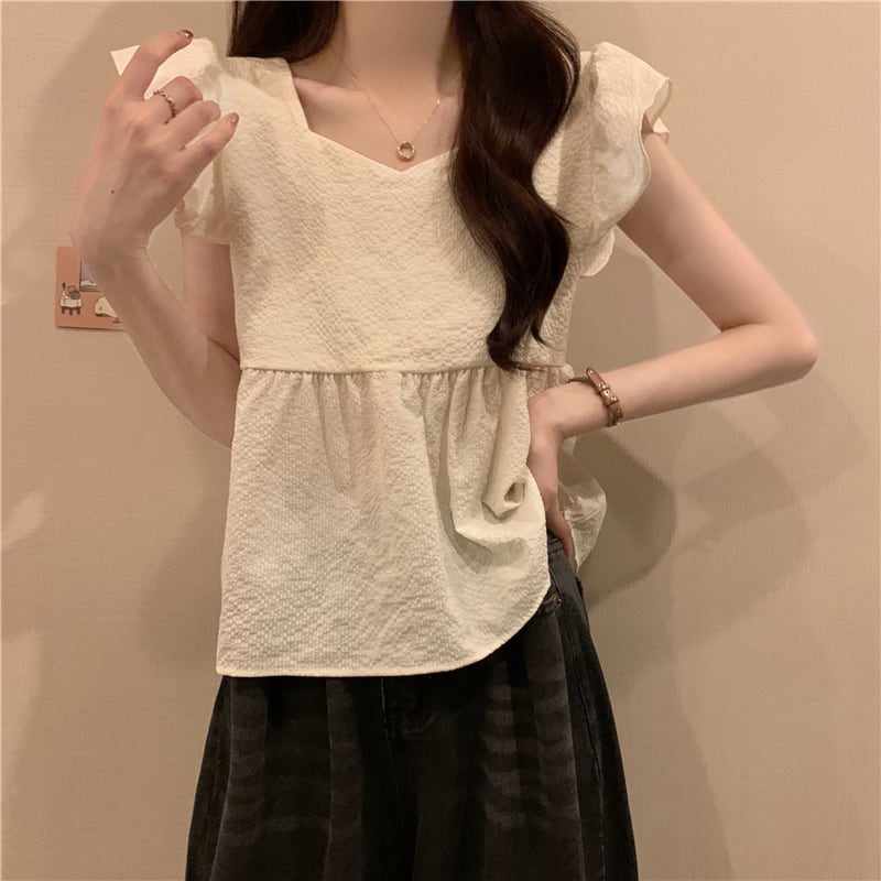 【tops】5色フレンチスリーブフリルブラウスF7483