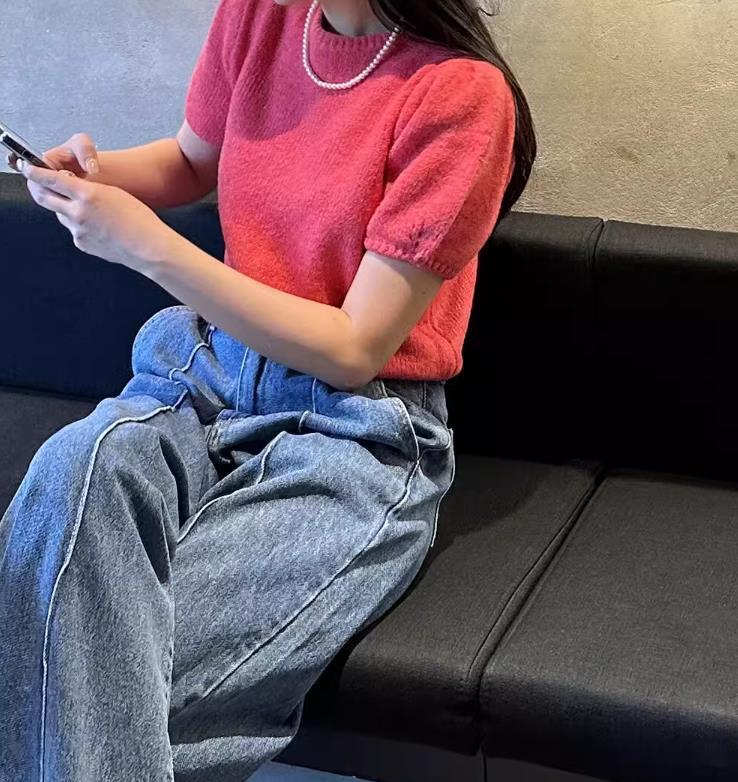 【tops】半袖パフ袖ニットＴシャツF7427