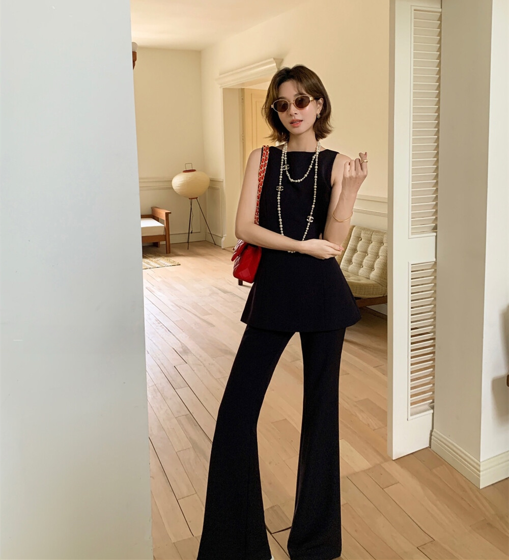 【set】バックリボンノースリーブトップス×フレアパンツセット N3572