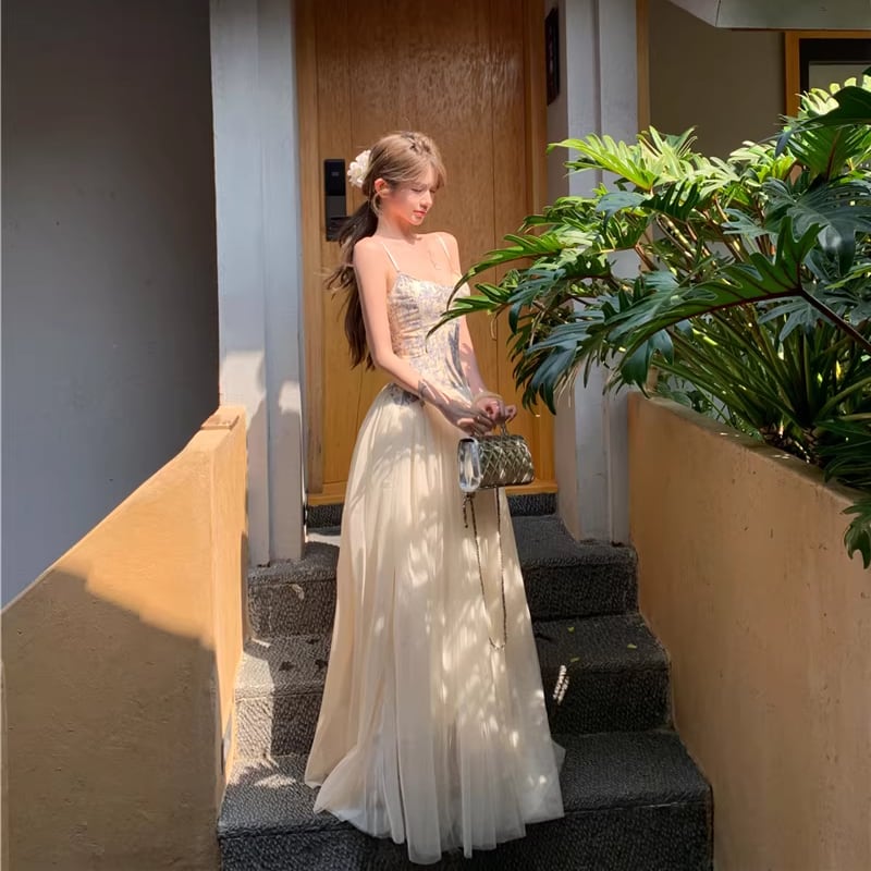 【dress】チュールドッキング花柄キャミワンピース Q8398