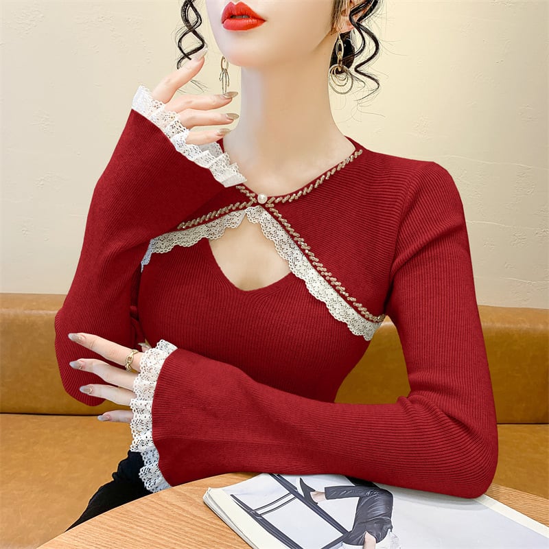 【tops】ビジューレース切り替えニットトップス　M27966