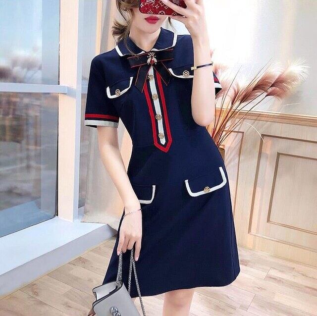 【dress】美感いっぱい2色POLOネック半袖配色韓国ファッションOL通勤ワンピースF2686