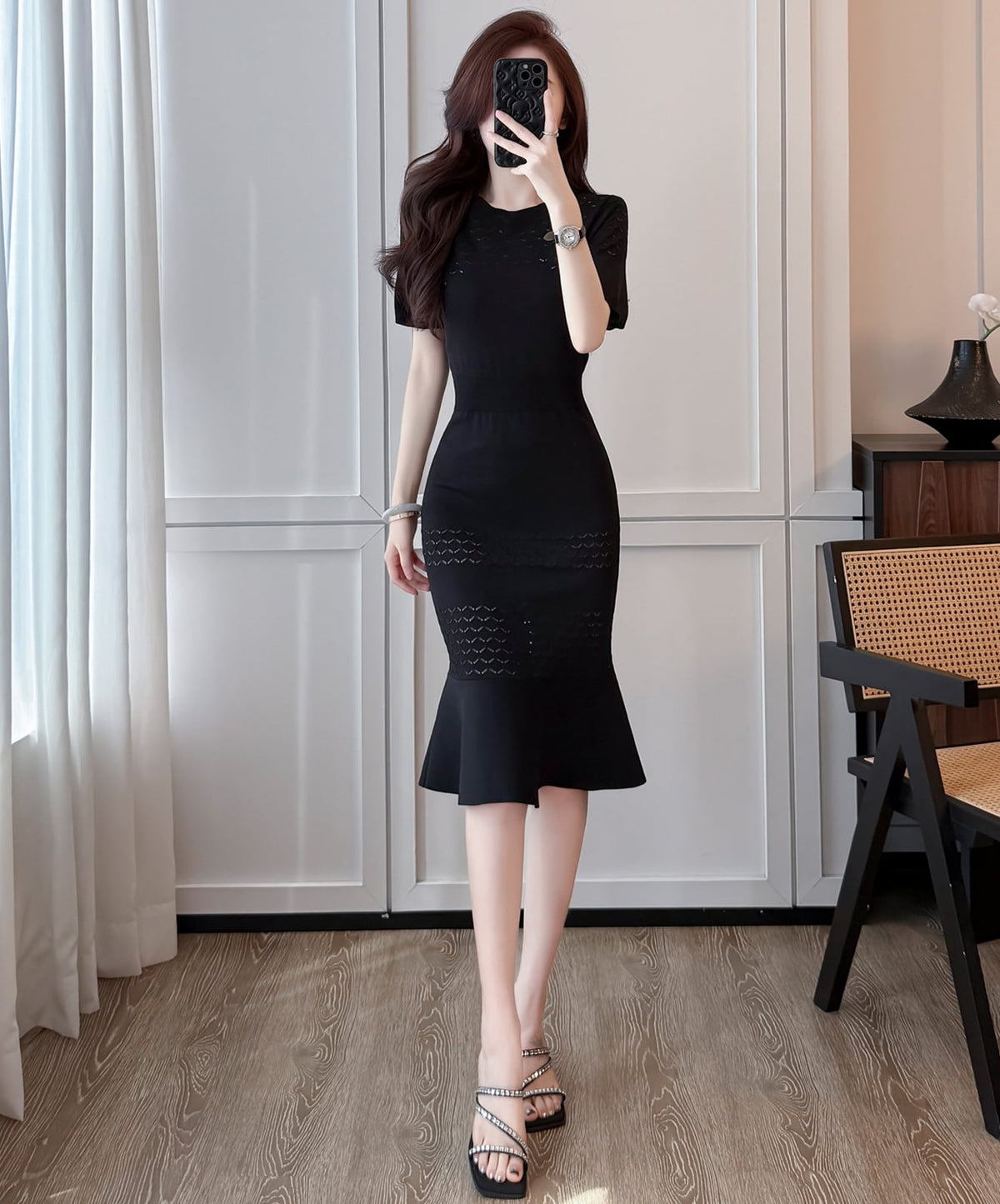 【dress】半袖ニットマーメイドワンピース Q8494