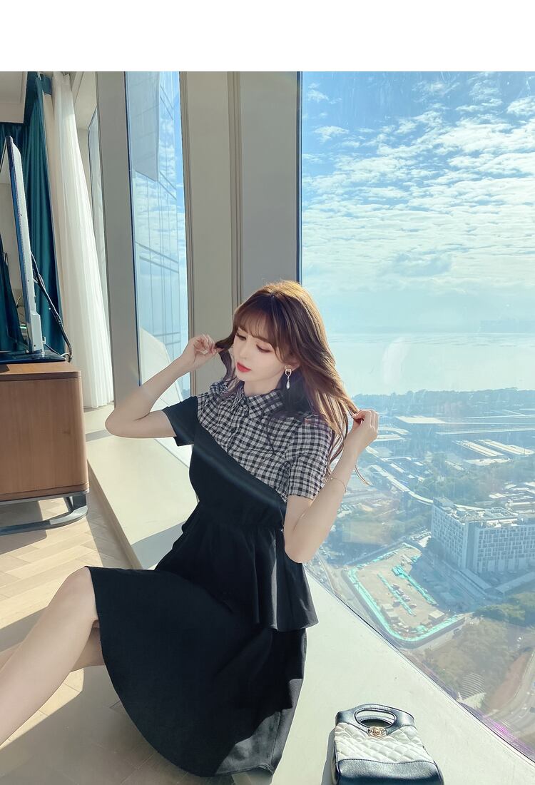 【dress】高級感!気質満点OL通勤POLOネック切り替えチェック柄ワンピースF0033