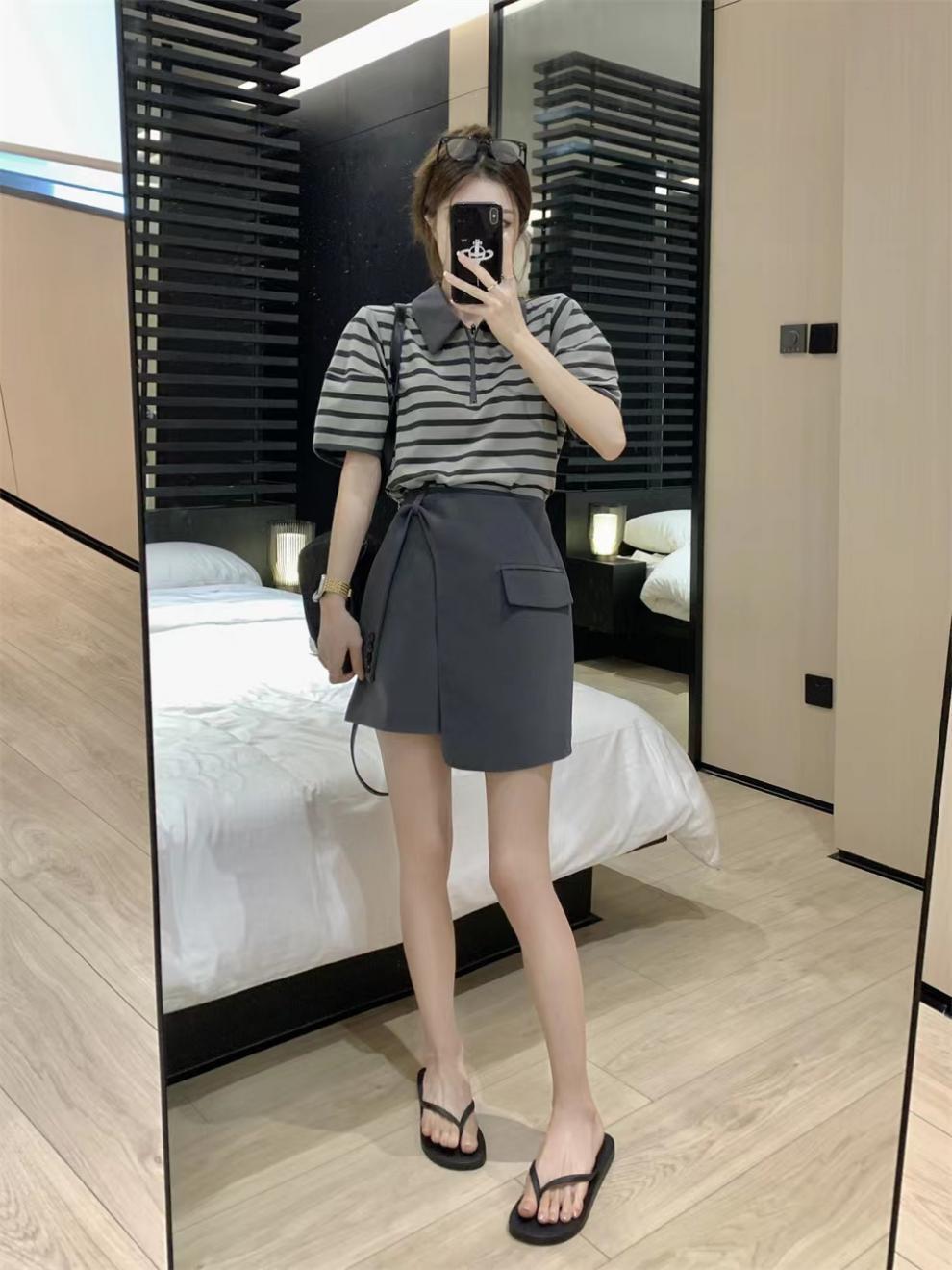 【set】ストライプ柄Tシャツ+スカート２点セットG21355