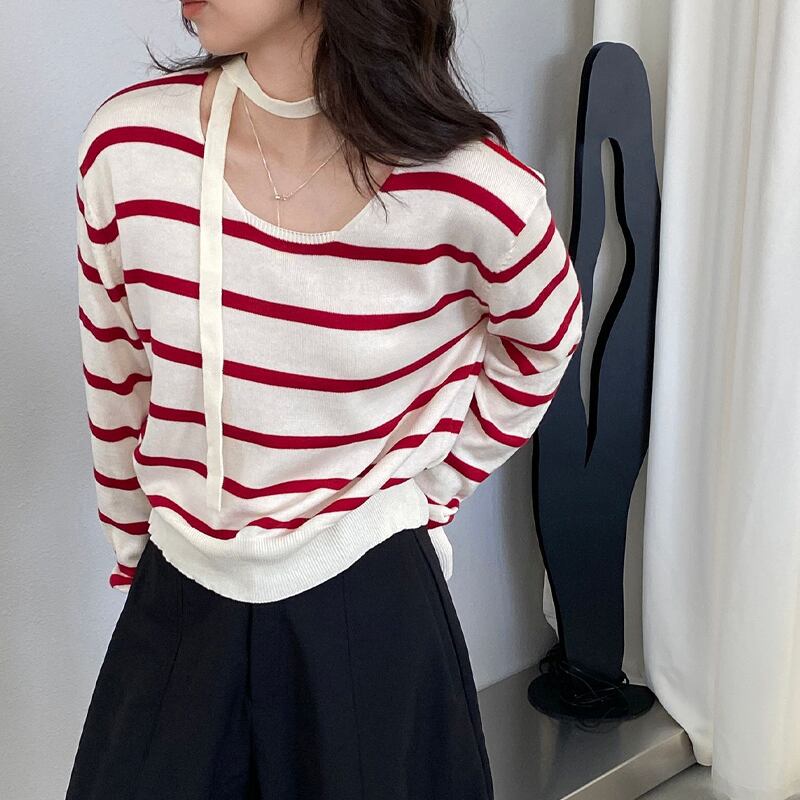 【tops】スカーフ付きボーダー柄ニットトップス Q8284