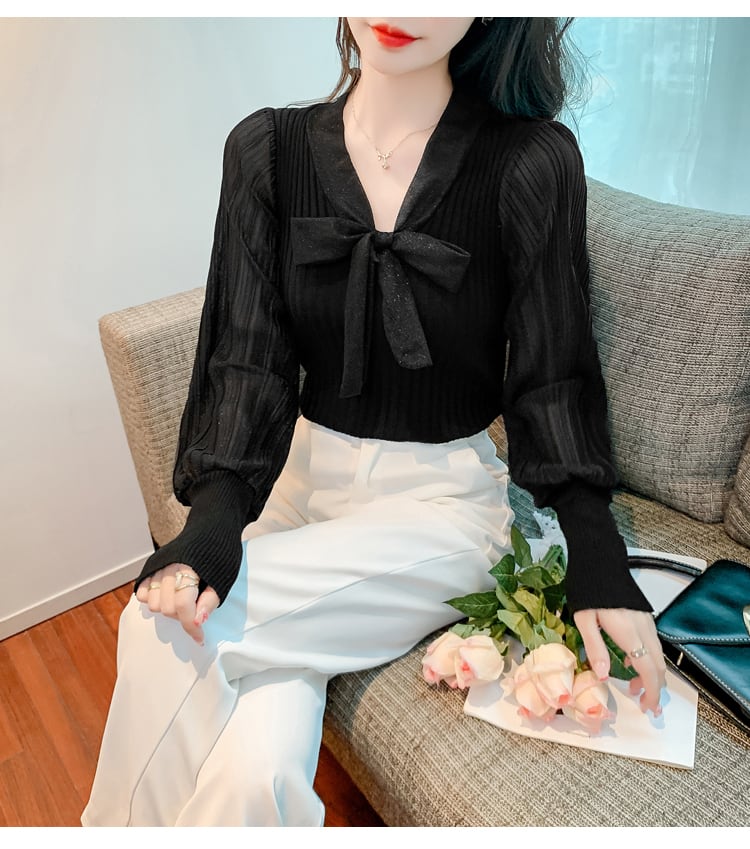 【tops】Vネック切り替えニットブラウスG16806