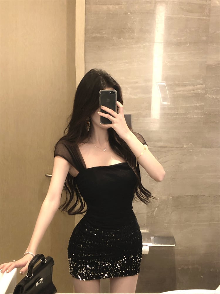 【dress】スパンコールチュールコンビワンピース　M29066
