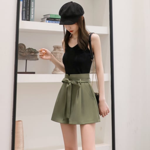 【bottoms】ファッション無地合わせやすいウエストリボンショートパンツ