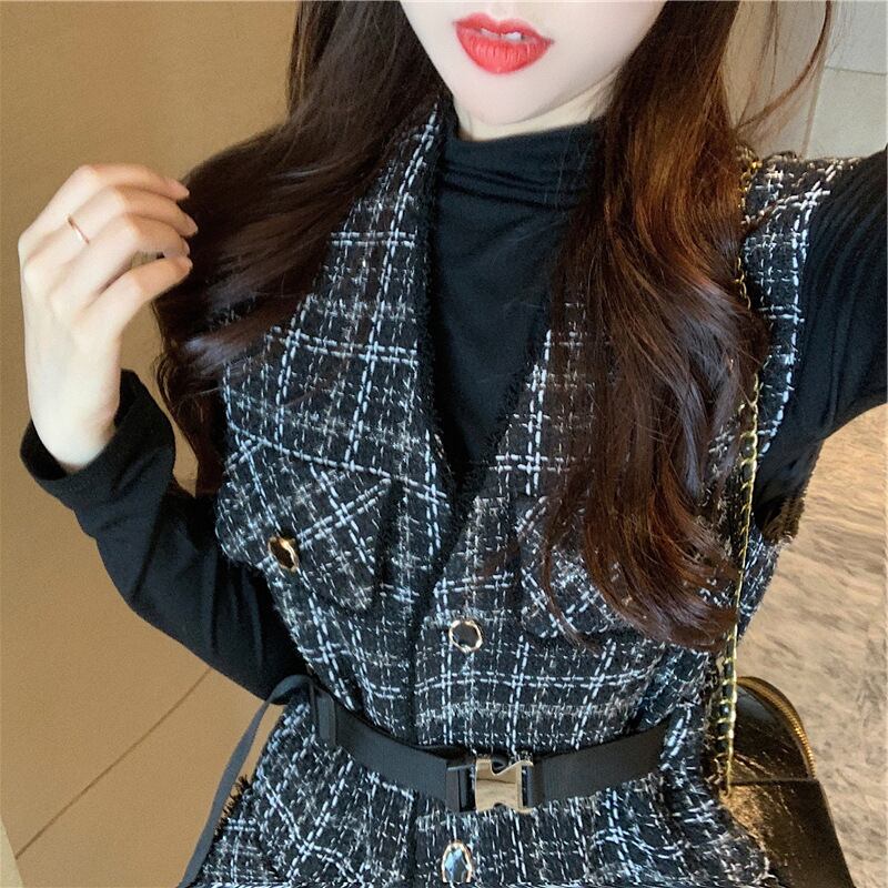 【set】オシャレ度満点〜無地着やせＴシャツ+チェック柄ベスト通勤日常ファッション2点セットF0782