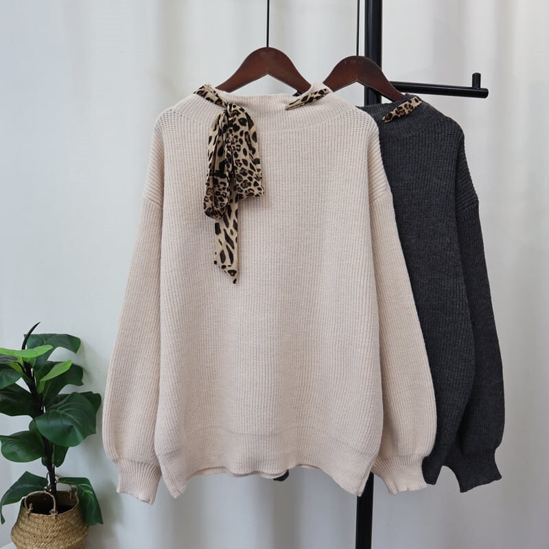 【tops】ヒョウ柄ボウタイニットトップス　M26760