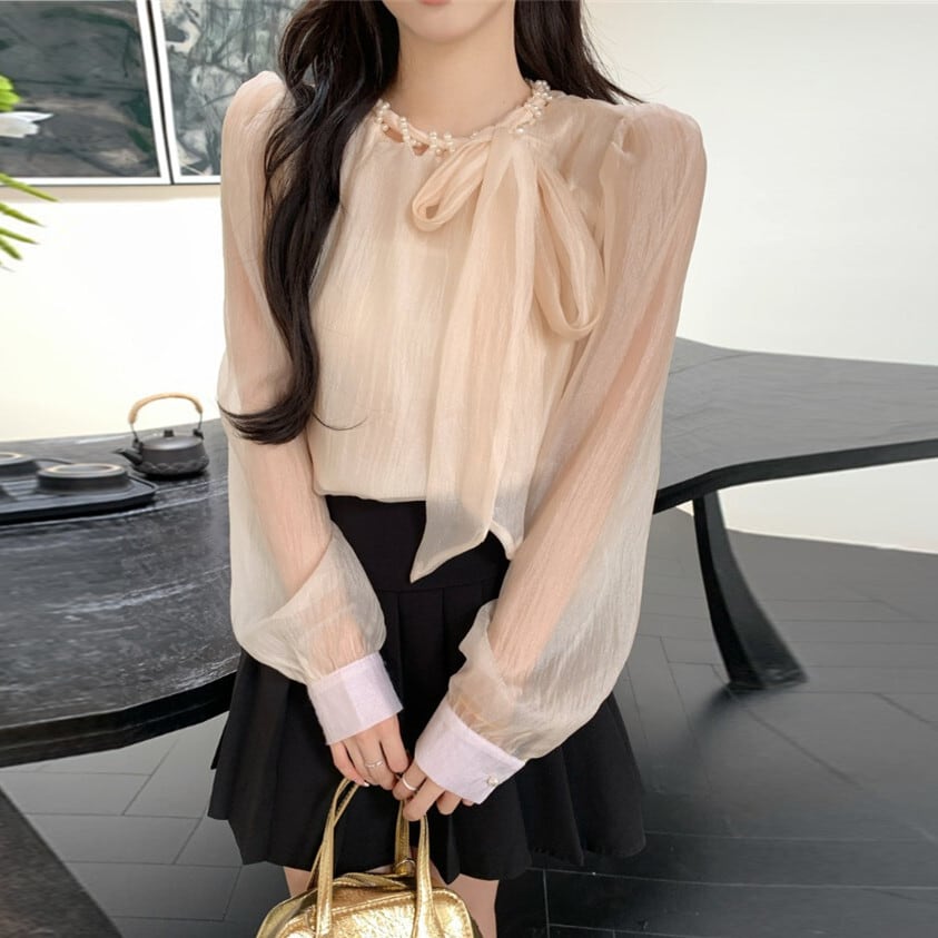 【tops】リボン付きブラウス　M29695